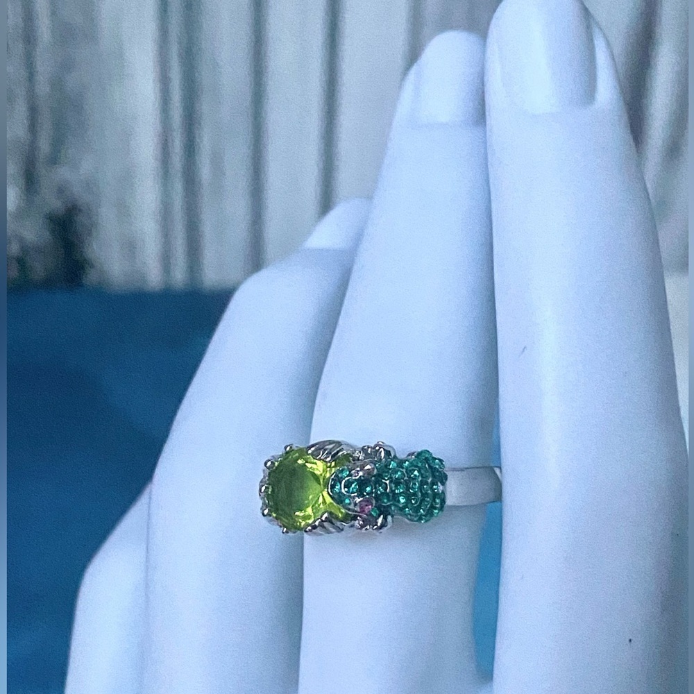 Vintage Green Cubic Zirconia Frog Ring Size 9.75